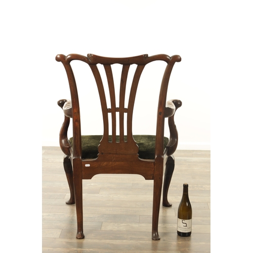 1389 - A FINE EARLY GEORGIAN MAHOGANY OPEN ARMCHAIR OF GENEROUS PROPORTIONS the scroll and leaf carved shap... 