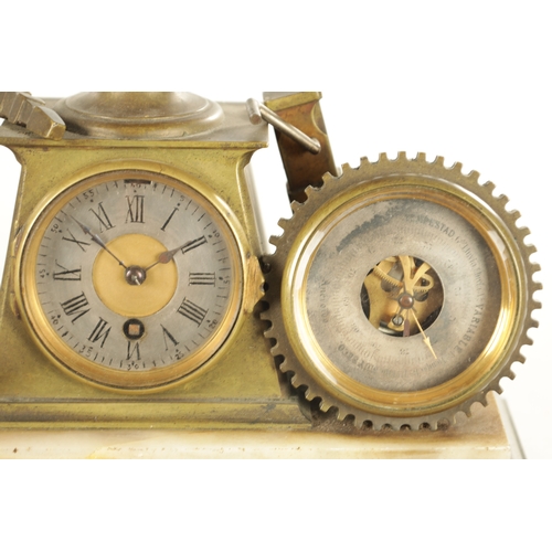 997 - A LATE 19TH CENTURY FRENCH INDUSTRIAL BRASS DESK COMPENDIUM MANTEL CLOCK with surmount revolving 4