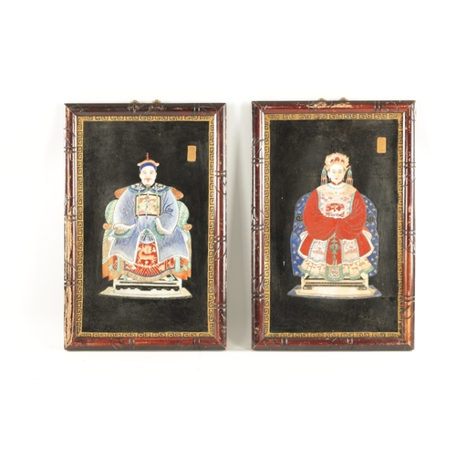 52 - A PAIR OF 19TH CENTURY CHINESE PORCELAIN PLAQUE PORTRAITS depicting an Emperor and Empress, mounted ... 