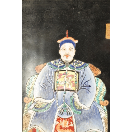 52 - A PAIR OF 19TH CENTURY CHINESE PORCELAIN PLAQUE PORTRAITS depicting an Emperor and Empress, mounted ... 