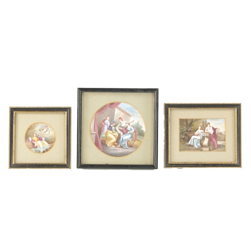 68 - A SET OF THREE FINE 19TH CENTURY LIMOGES ENAMEL PANELS depicting classical figural scenes. (7.5cm an... 