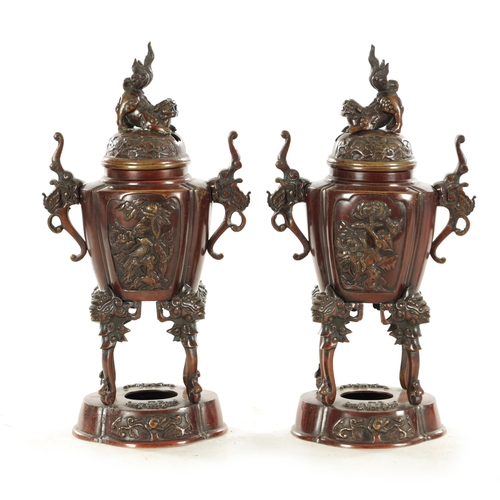 207 - A PAIR OF LATE 19TH CENTURY CHINESE LACQUERED BRONZE INCENSE BURNERS with tapering shaped bodies, fo... 