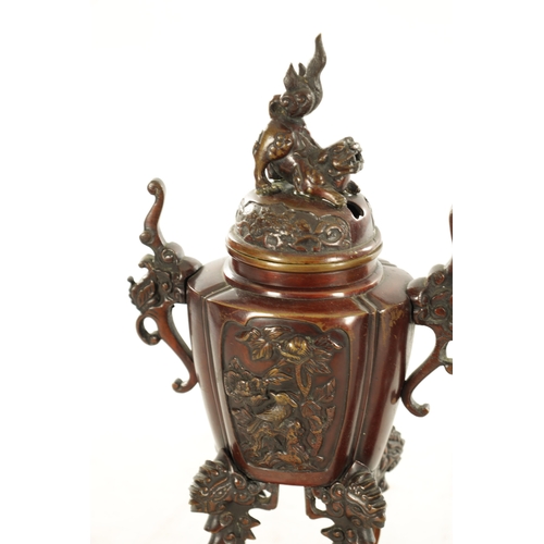 207 - A PAIR OF LATE 19TH CENTURY CHINESE LACQUERED BRONZE INCENSE BURNERS with tapering shaped bodies, fo... 