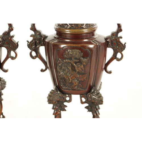 207 - A PAIR OF LATE 19TH CENTURY CHINESE LACQUERED BRONZE INCENSE BURNERS with tapering shaped bodies, fo... 