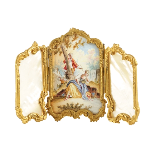 246 - A 19TH CENTURY MINIATURE ORMOLU MOUNTED ROCOCO STYLE THREE-FOLD SCREEN with mother-of-pearl sides en... 