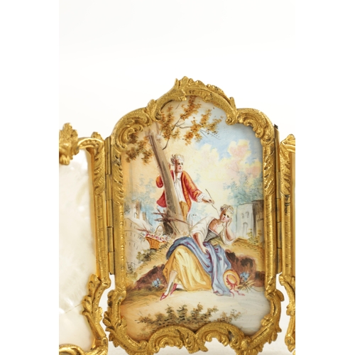 246 - A 19TH CENTURY MINIATURE ORMOLU MOUNTED ROCOCO STYLE THREE-FOLD SCREEN with mother-of-pearl sides en... 