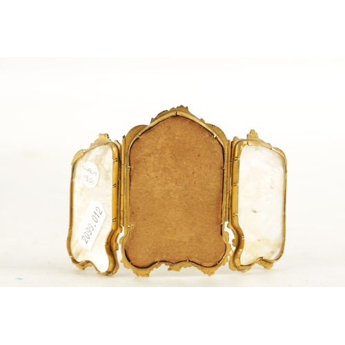 246 - A 19TH CENTURY MINIATURE ORMOLU MOUNTED ROCOCO STYLE THREE-FOLD SCREEN with mother-of-pearl sides en... 