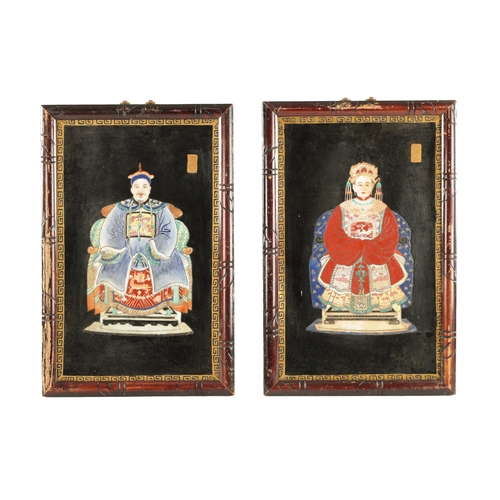 52 - A PAIR OF 19TH CENTURY CHINESE PORCELAIN PLAQUE PORTRAITS depicting an Emperor and Empress, mounted ... 