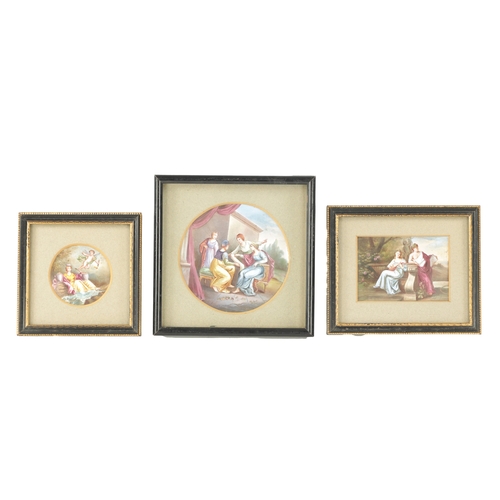 68 - A SET OF THREE FINE 19TH CENTURY LIMOGES ENAMEL PANELS depicting classical figural scenes. (7.5cm an... 