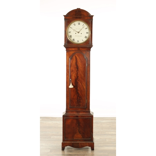 999 - MALLETT, BARNSTAPLE. A REGENCY FIGURED MAHOGANY LONGCASE CLOCK the arched hood with canted sides and... 