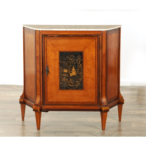 1415 - AN 18TH CENTURY SATINWOOD AND LACQUERWORK SIDE CABINET of angled form with white marble top and chin... 