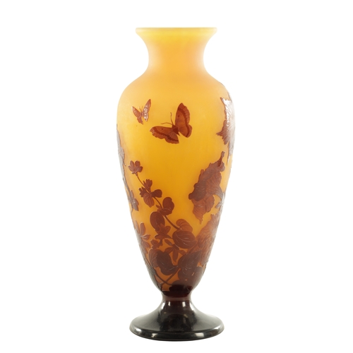 20 - A LARGE GALLE CAMEO GLASS VASE decorated with flowers and butterflies - signed (40cm high)