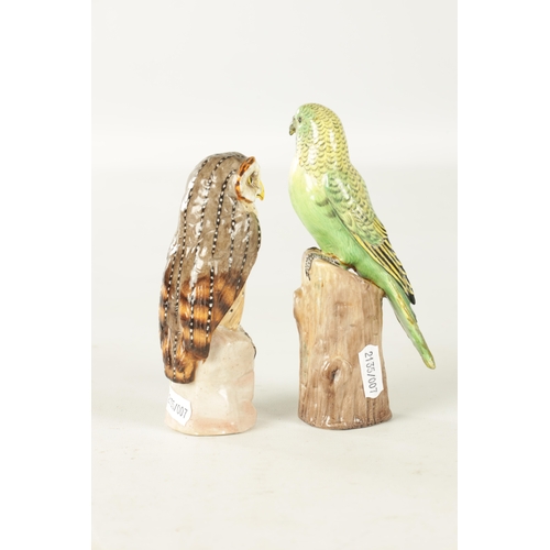 100 - TWO 19TH CENTURY ERNST BOHNE & SOHNE PORCELAIN SCULPTURES OF BIRDS comprising of an Owl and Budgerig... 