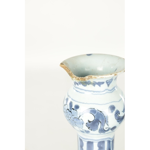 109 - A PAIR OF LATE 17TH CENTURY BLUE AND WHITE DELFT VASES having bulbous bodies with slender necks, dec... 