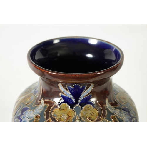 111 - A LATE 19TH CENTURY DOULTON LAMBETH OVERSIZED TAPERING SHOULDERED VASE WITH FLARED RIM BY HANNAH BAR... 