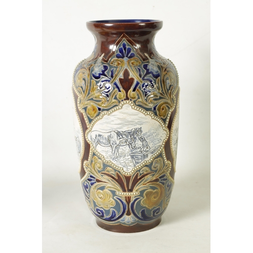 111 - A LATE 19TH CENTURY DOULTON LAMBETH OVERSIZED TAPERING SHOULDERED VASE WITH FLARED RIM BY HANNAH BAR... 