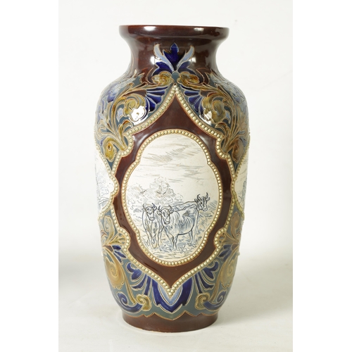 111 - A LATE 19TH CENTURY DOULTON LAMBETH OVERSIZED TAPERING SHOULDERED VASE WITH FLARED RIM BY HANNAH BAR... 