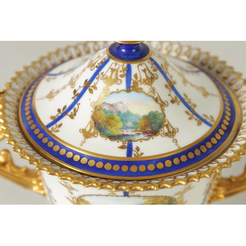 112 - A FINE PAIR OF ROYAL CROWN DERBY CAMPANA SHAPED TWO-HANDLED PEDESTAL VASES AND COVERS with richly gi... 