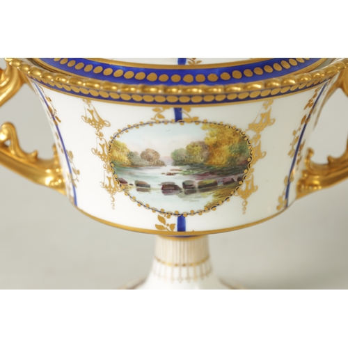 112 - A FINE PAIR OF ROYAL CROWN DERBY CAMPANA SHAPED TWO-HANDLED PEDESTAL VASES AND COVERS with richly gi... 