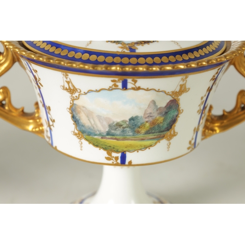 112 - A FINE PAIR OF ROYAL CROWN DERBY CAMPANA SHAPED TWO-HANDLED PEDESTAL VASES AND COVERS with richly gi... 