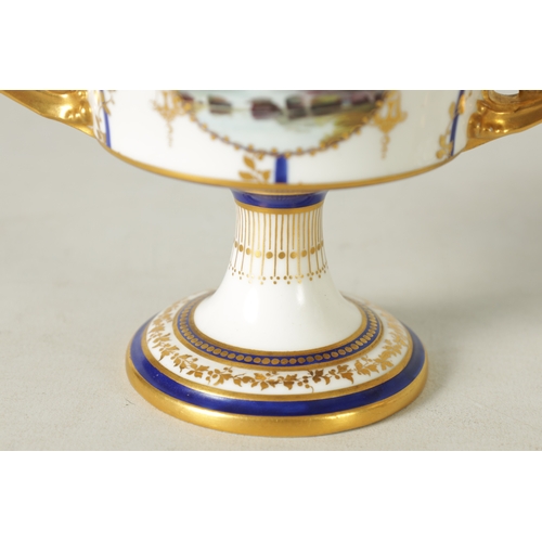 112 - A FINE PAIR OF ROYAL CROWN DERBY CAMPANA SHAPED TWO-HANDLED PEDESTAL VASES AND COVERS with richly gi... 