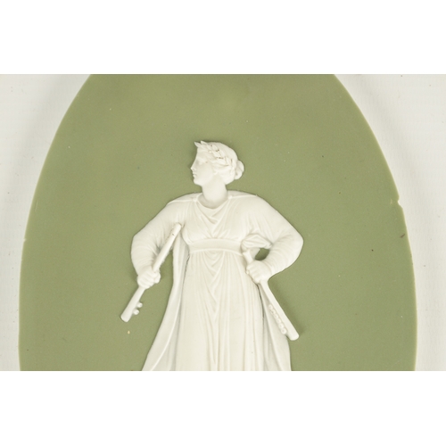 117 - A PAIR OF LATE 19TH CENTURY WEDGWOOD PALE GREEN OVAL JASPER WARE PANELS with raised decoration of cl... 