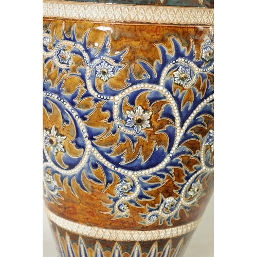 118 - AN IMPRESSIVE 19TH CENTURY DOULTON LAMBETH TAPERING SHOULDERED STONEWARE VASE BY GEORGE TINWORTH wit... 