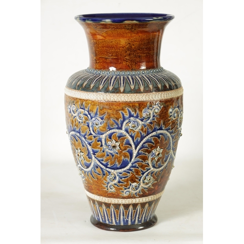 118 - AN IMPRESSIVE 19TH CENTURY DOULTON LAMBETH TAPERING SHOULDERED STONEWARE VASE BY GEORGE TINWORTH wit... 