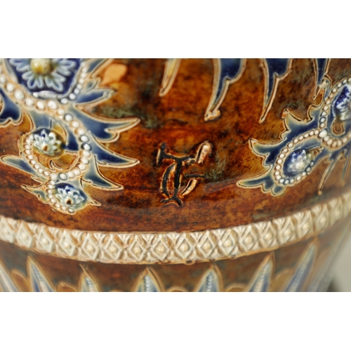 118 - AN IMPRESSIVE 19TH CENTURY DOULTON LAMBETH TAPERING SHOULDERED STONEWARE VASE BY GEORGE TINWORTH wit... 