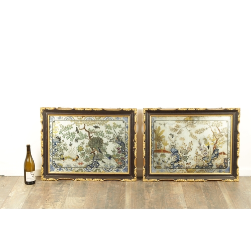 121 - A PAIR OF 19TH CENTURY CHINESE REVERSE PAINTED LANDSCAPE SCENES ON GLASS WITH MIRRORED EFFECT depict... 