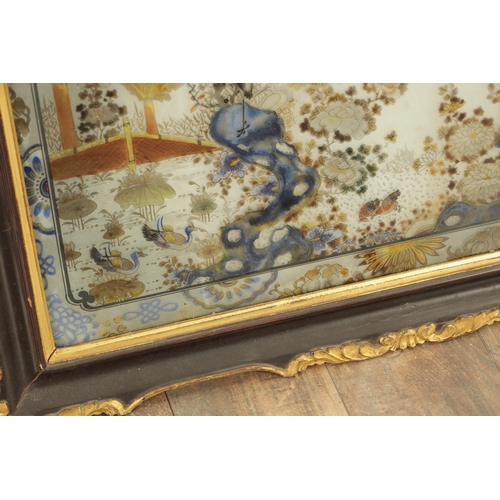 121 - A PAIR OF 19TH CENTURY CHINESE REVERSE PAINTED LANDSCAPE SCENES ON GLASS WITH MIRRORED EFFECT depict... 