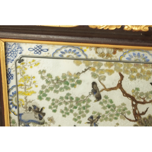 121 - A PAIR OF 19TH CENTURY CHINESE REVERSE PAINTED LANDSCAPE SCENES ON GLASS WITH MIRRORED EFFECT depict... 