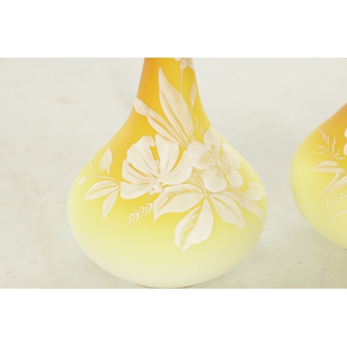 13 - A PAIR OF STOURBRIDGE, WEBB-TYPE CAMEO GLASS VASES the shaded yellow bulbous bodies with slender nec... 