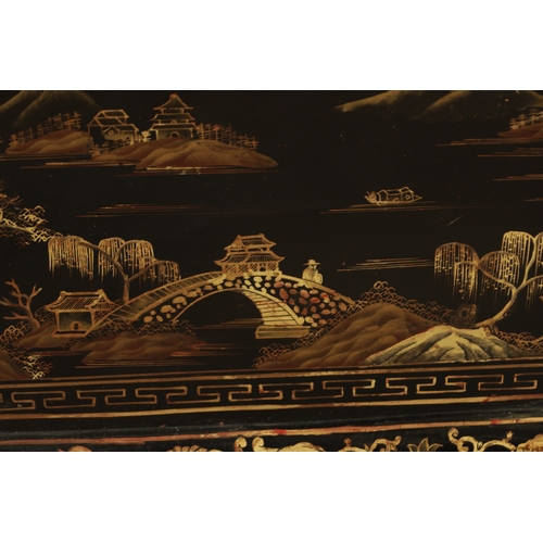 131 - A LATE 19TH CENTURY CHINESE LACQUERED CHINOISERIE CASKET having a pagoda style lid above decorative ... 