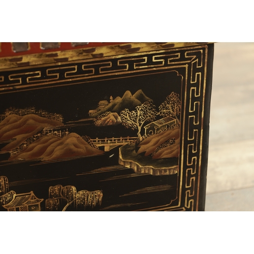 131 - A LATE 19TH CENTURY CHINESE LACQUERED CHINOISERIE CASKET having a pagoda style lid above decorative ... 