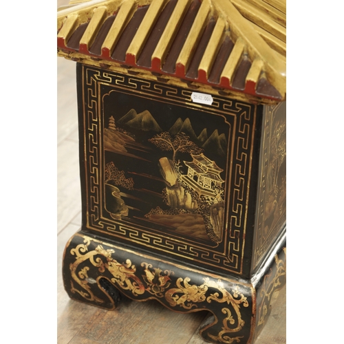 131 - A LATE 19TH CENTURY CHINESE LACQUERED CHINOISERIE CASKET having a pagoda style lid above decorative ... 