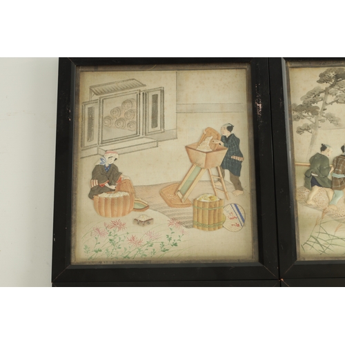 132 - AN UNUSUAL SET OF SIX CHINESE RAISED PADWORK PICTURES OF EVERYDAY LIFE depicting interior and garden... 