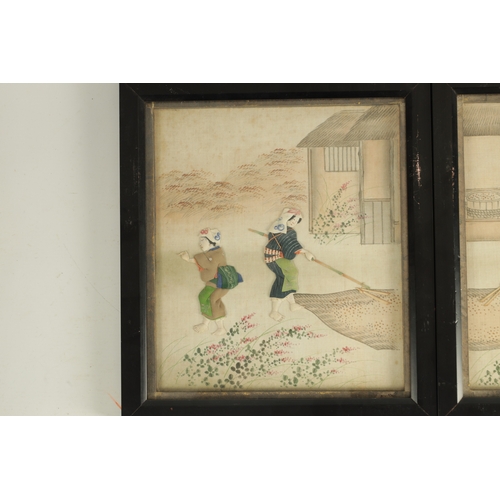 132 - AN UNUSUAL SET OF SIX CHINESE RAISED PADWORK PICTURES OF EVERYDAY LIFE depicting interior and garden... 