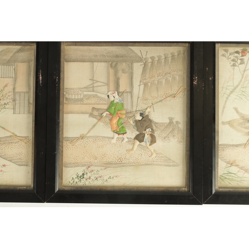 132 - AN UNUSUAL SET OF SIX CHINESE RAISED PADWORK PICTURES OF EVERYDAY LIFE depicting interior and garden... 