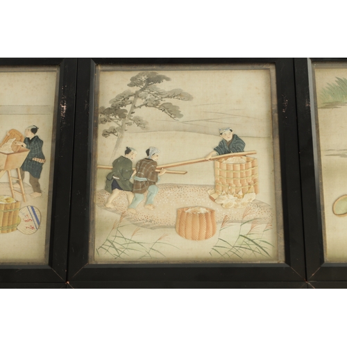 132 - AN UNUSUAL SET OF SIX CHINESE RAISED PADWORK PICTURES OF EVERYDAY LIFE depicting interior and garden... 