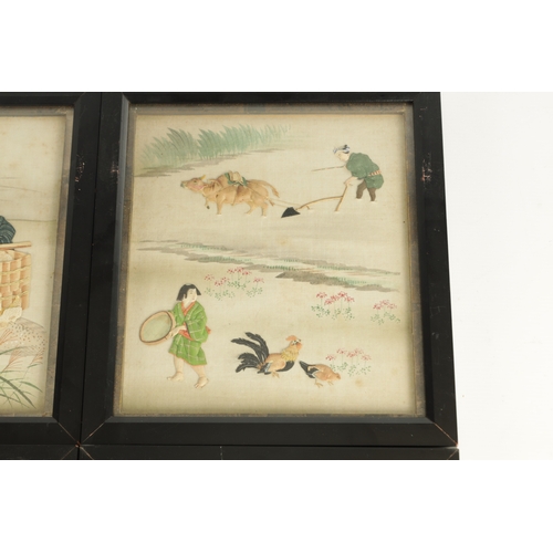 132 - AN UNUSUAL SET OF SIX CHINESE RAISED PADWORK PICTURES OF EVERYDAY LIFE depicting interior and garden... 