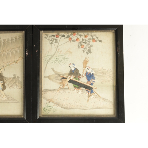 132 - AN UNUSUAL SET OF SIX CHINESE RAISED PADWORK PICTURES OF EVERYDAY LIFE depicting interior and garden... 