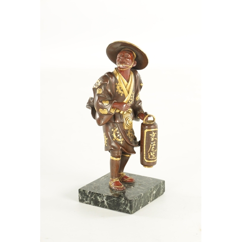 136 - A 19TH CENTURY JAPANESE MEIJI PERIOD BRONZE FIGURAL OKIMONO of two-tone mixed metal finish depicting... 