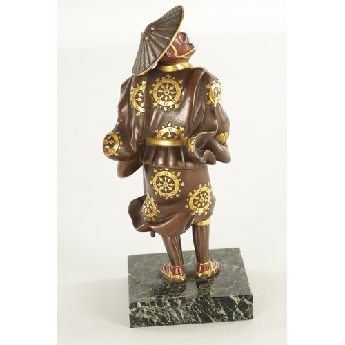 136 - A 19TH CENTURY JAPANESE MEIJI PERIOD BRONZE FIGURAL OKIMONO of two-tone mixed metal finish depicting... 