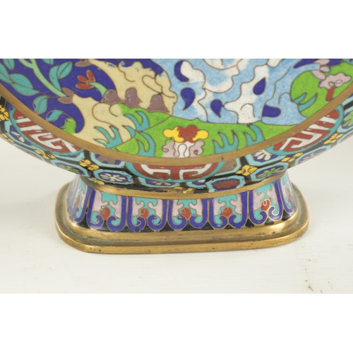 138 - A PAIR OF CHINESE CLOISONNE ENAMEL MOON FLASKS with dragon handles and geometric borders enclosing c... 