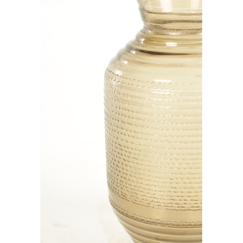 14 - A SIGNED DAUM NANCY FRENCH SMOKED ART GLASS VASE with a ribbed cylindrical body and textured centre ... 