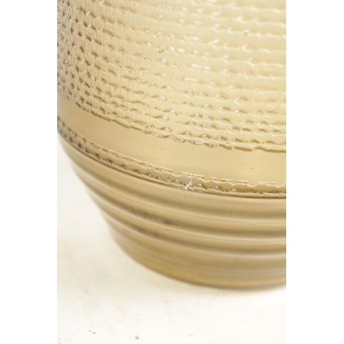 14 - A SIGNED DAUM NANCY FRENCH SMOKED ART GLASS VASE with a ribbed cylindrical body and textured centre ... 