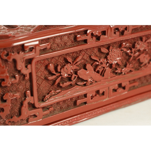 141 - A 19TH CENTURY CHINESE CINNABAR LACQUERED BOX with relief moulded top and floral panelled sides; the... 