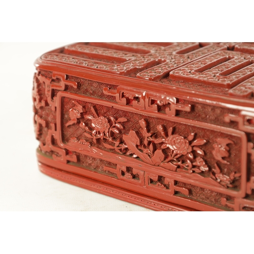 141 - A 19TH CENTURY CHINESE CINNABAR LACQUERED BOX with relief moulded top and floral panelled sides; the... 