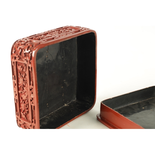 141 - A 19TH CENTURY CHINESE CINNABAR LACQUERED BOX with relief moulded top and floral panelled sides; the... 